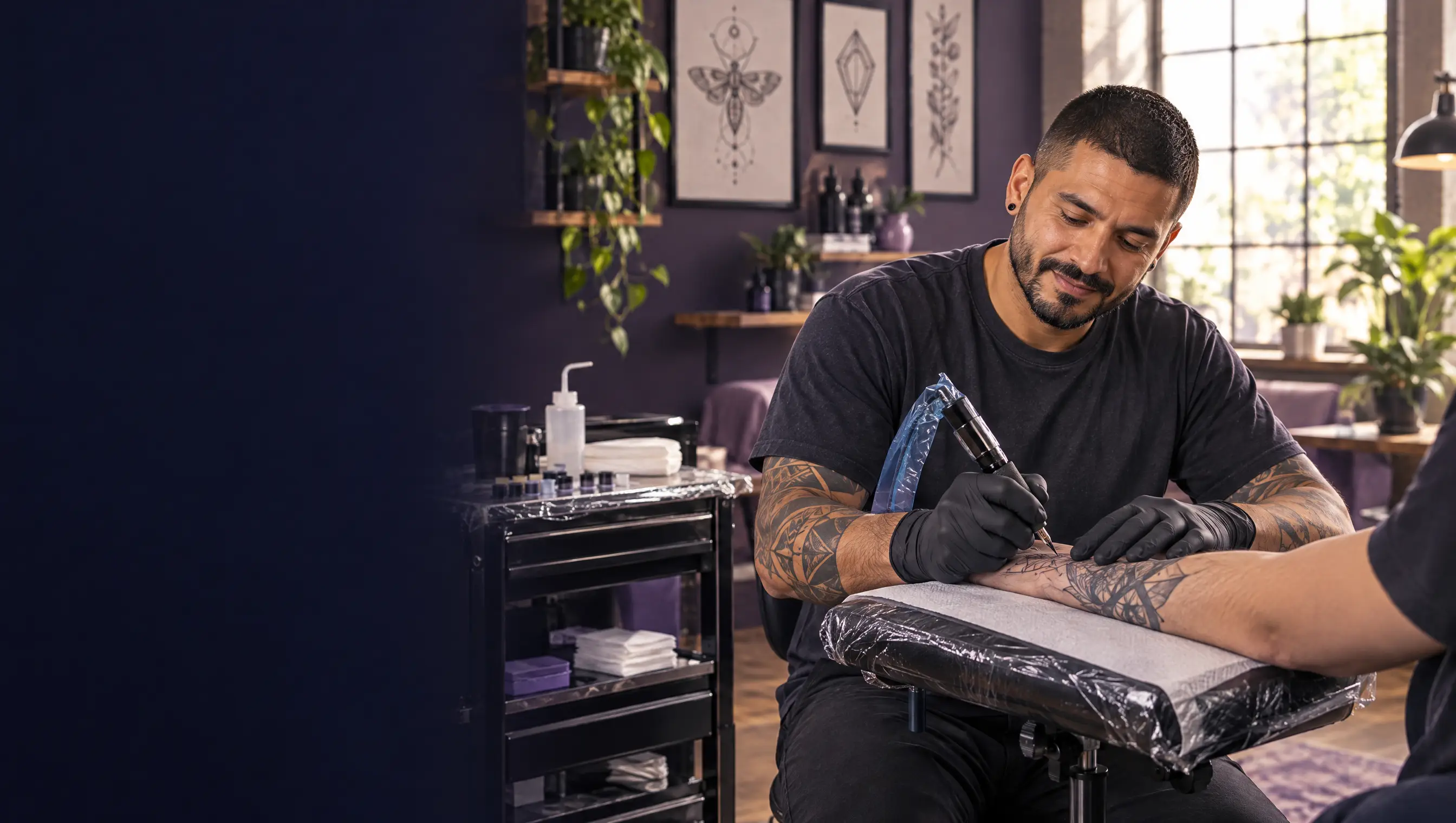 Ein selbstständiger Tätowierer arbeitet mit Handschuhen an einem Tattoo im eigenen Studio.